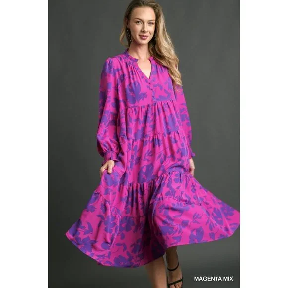 Umgee | Dresses | Umgee Magenta Mix Floral Print Tiered Ruffle V Neck Long  Sleeeve Midi Dress | Poshmark